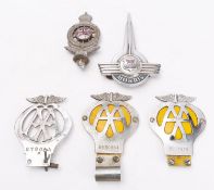 A Morris bonnet badge, together with three AA badges and Royal Automobile Club,(5).