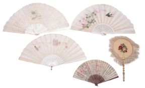 An early 20th century abalone and lace fan, together with an embroidery and gilt wood face screen,