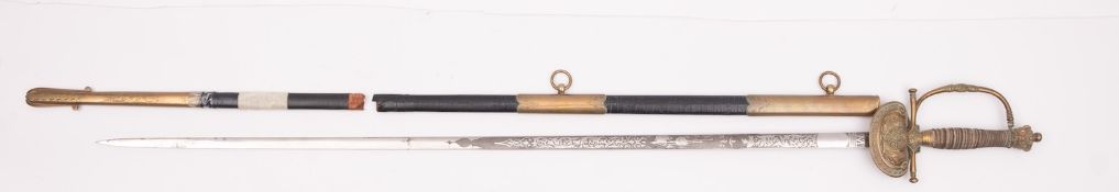 A Victorian Court sword, the straight double edge blade with acid etched decoration,