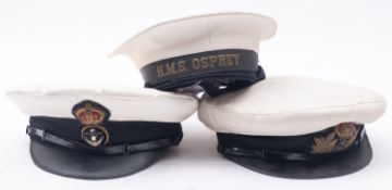 Two Royal Navy peaked caps and a ratings hat with HMS 'Osprey' tally (3)