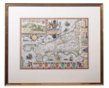 CORNWALL: hand coloured map by John Speed, size 490 x 360 mm,