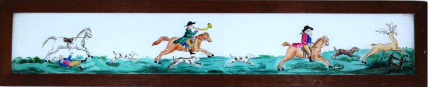 Five comic panoramic long slides, comprising 'People on horseback hunting stag' Maker unknown (18