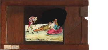 'Photographer with courting couple and donkeys' Maker unknown (7 x 4 x 3/8 inches), single slip