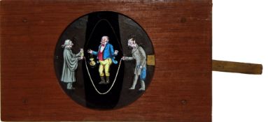 'Two lawyers making man skip' [skipping rope moves] Maker unknown (6 7/8 x 4 x 1/2 inches), single