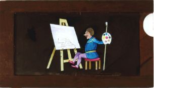 'Artist and the Devil' [devil's face appears on canvas] Maker unknown (7 x 4 x 3/8 inches), single