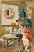 A late 19th century French rotating trade card of boy showing slides with magic lantern. five