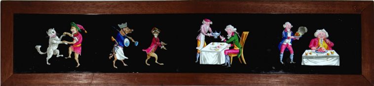 Three comic panoramic long slides, comprising 'Men dining with animals in costume' Maker unknown (17