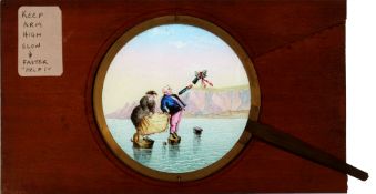 'Caught by the rising tide' [man's arm rises and falls] Maker unknown (6 7/8 x 3 7/8 x 3/8