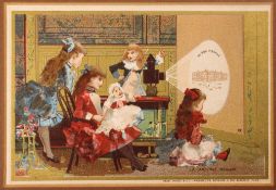 A late 19th cebtury French trade card of children playing with magic lantern Paris: Au Bon Marché,