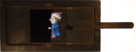 'Man's nose and hands change into carrots' Maker unknown; 21.5 x 11 x 1cm, single slip