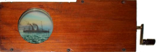 'Ship leaving harbour' [background moves across image, ship rocks in waves] Maker unknown (12 x 4