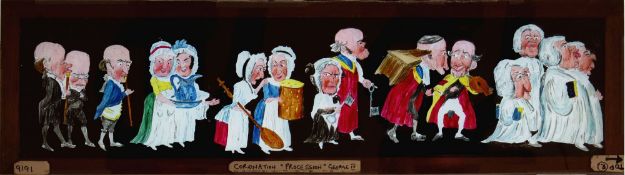 Five comic panoramic long slides, comprising 'Procession of people of various occupations' Maker