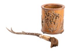 A Chinese carved bamboo brush pot togeth