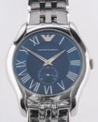 Emporio Armani, a gentleman's stainless steel wristwatch the blue dial with raised Roman numerals,