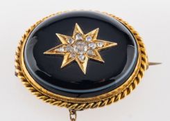 A sardonyx, old and rose-cut diamond brooch, the diamonds set in a star motif, total estimated