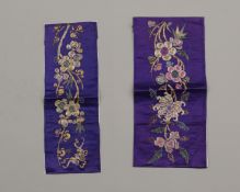 Two embroidered Purple Silk Panels, Republic period, decorated with flowers in fine gold and