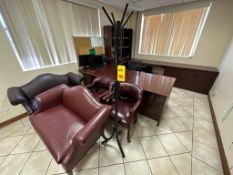 (4) Chairs, (3) Computer Monitors, (2) Corkboards, Chair, Desk with Book Shelves and Coat Hanger - R