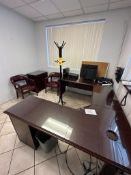 Desk, Filing Drawers, Coat Hanger, (2) Desktop Computers, (2) Computer Monitors, Keyboards and Corkb