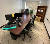 Conference Table, (6) Chairs, Table, Book Shelf, (2) Computer Monitors, (3) Desktop Computers, (2) K