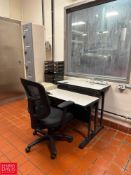 5-Door Lockers with S/S Stands and Contents, 2- Drawer Filing Cabinet, Tool Box, (2) Desks