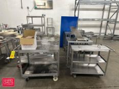 Large Lot: Assorted S/S Tables, S/S Stands, S/S Pump Covers, S/S Balance Tank and S/S Carts