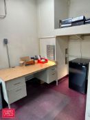 Desks with Drawers, (2) Tables, Cabinet, Magic Chef Mini Fridge, (2) Monitors, Keyboards, Book