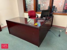 L-Shaped Desk, Lateral File Cabinet, Bookcase, 4-Drawer File Cabinet, Chairs and Monitors