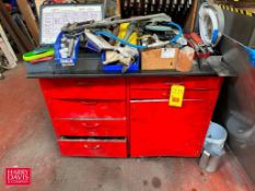 Table: 4’ x 2’ with Drawers, Cabinet and Contents, Including: Valve Parts, Hand Tools, Gauges