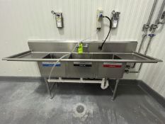 3-BOWL S/S SINK, APPROX. 88 IN L, 18 IN L X 13 IN D BOWLS, (RIGGING & SIMPLE LOADING FEE $100.00)