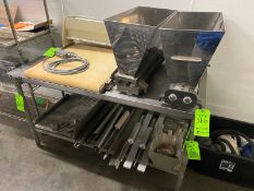 (2) DEPOSITING HEADS WITH S/S FUNNELS, WITH (1) SECTION OF STRAIGHT CONVEYOR, WITH CONTENTS OF