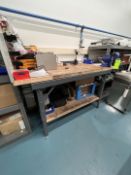 DURHAM MFG WOOD SHOP TABLE WITH WESTWARD VICE, 72 IN. X 36 IN. X 43 IN. (CONTENTS ON TABLE NOT