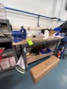 DURHAM MFG WOOD SHOP TABLE WITH WESTWARD VICE, 72 IN. X 36 IN. X 43 IN. (CONTENTS ON TABLE NOT