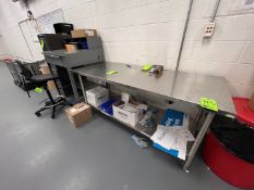 LOT OF ASSORTED FIURNITURE, INCLUDES S/S TABLE, FOREMANS DESK, CHAIR AND VERTICAL FILING CABINET