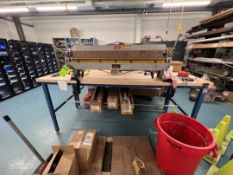 (2) SHOP TABLES WITH MHC INDUSTRIAL SUPPLY 48 IN. SHEET METAL PAN AND BOX BRAKE, MODEL 4815, S/N