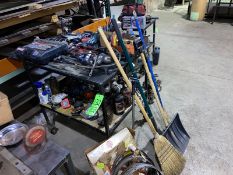 Portable Shop Table, with Contents Includes Assorted Tooling, Brooms, Shovels, & Other Contents (LOC