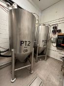 252 gallon Stainless Steel Cone bottom Mix Tank, built by JV NorthWest. Top entering slanted Sharp