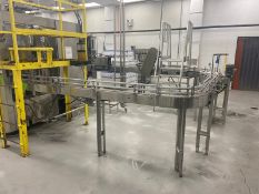 S/S Product Conveyor from Krones Filler to Krones Labeler, with Aprox. 3” W Plastic Belt, Guides,