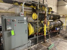 Ammonia Chiller (yellow) and glycol storage tank (green) including skid and all associated piping