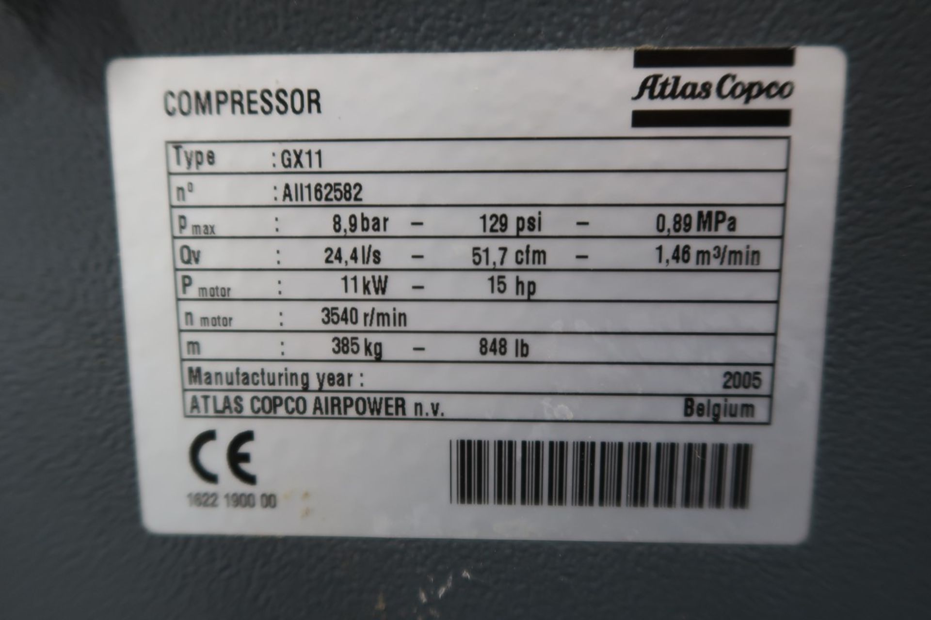 2005 Atlas Copco Model GX11 Air Compressor - Image 5 of 5