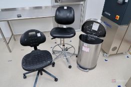 (2) Lab chairs on casters, (1) Waste container