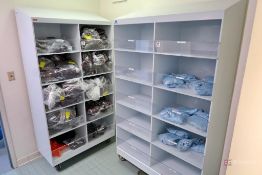 Lab coat shelving units, benches, trash barrel