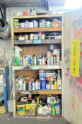 Lot-Wood Cabinet with Paints, Cleaners, Grout, PVC Primers, Nails, Weed Control, Etc. Contents