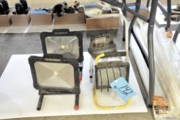 Lot-(2) Halogen and (2) LED Work Lights on Floor Under (1) Table