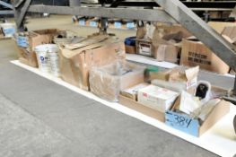 Lot-Various Hardware in (5) Boxes and (4) Pails on Floor Under (1) Bench