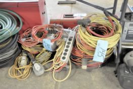 Lot-Various Extension Cords, Power Strips and Cord Lights on Floor Under (1) Table