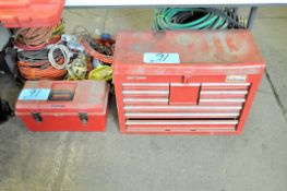 Craftsman 10-Drawer Flip Top Tool Box with Stack-On Portable Tool Tote Box on Floor Under (1) Table