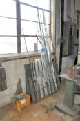 Lot-Mixed Alloy Cutoff Stock, Rack, Bench with Misc. Contents, and (2) Shelving Units