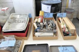 Lot-Paint Roller Trays, Paint Rollers, Brushes, Stir Sticks, Tarps and Rags in (3) Boxes & on Floor