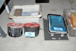 Lot-Paint Roller Pans, Sign Board, Tote, and (2) Waste Drum Funnels on Floor Under (1) Bench