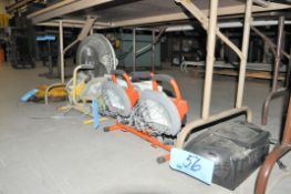 Lot-Portable Work Lights, Fans, Radio and Cords on Floor Under (1) Table